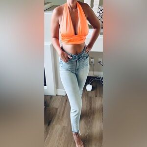 NWT ZARA Neon orange satin halter open back crop top size M  ♡